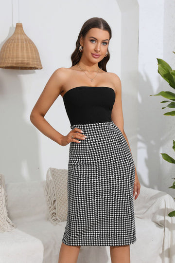 Strapless Plaid Bodycon Cocktail Dress con Slit